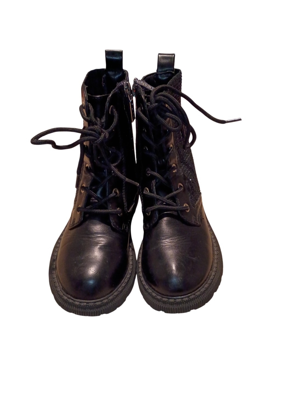 DKNY Kids Black Ava Menia Combat Boots Rhinestone Cuff Side Zip Lace Up 12. OBO